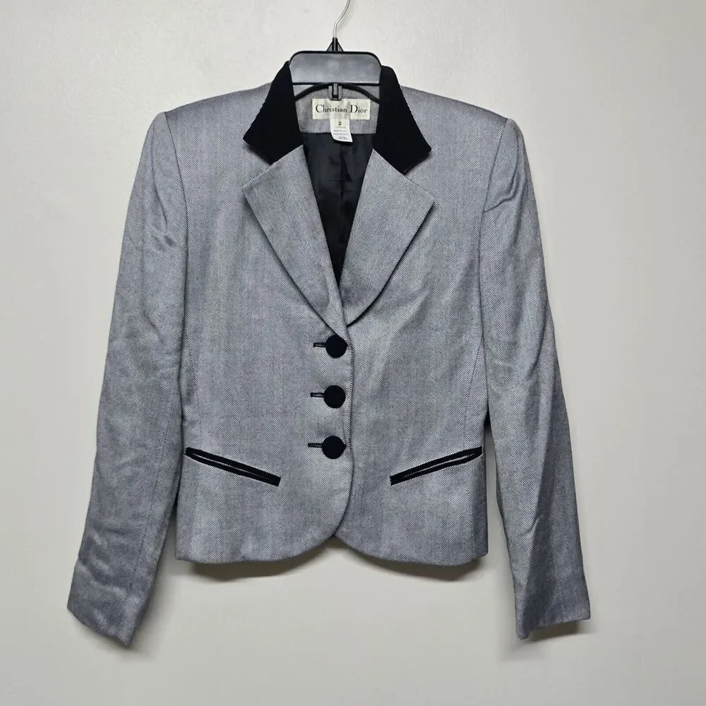 Christian Dior Womens Navy Blue Herringbone Blazer Sz 2 Elegant Academia Office